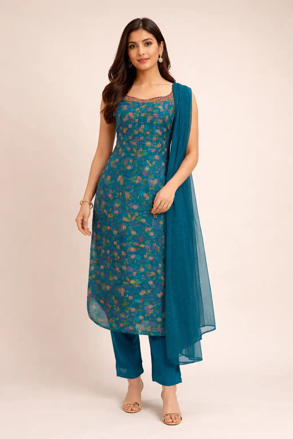 Teal Floral Printed Kurta Set with Dupatta
